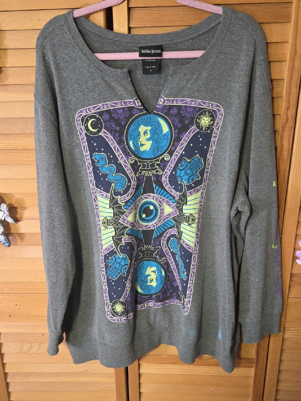 Torrid Disney Haunted Mansion Graphic V-Notch Sweatshirt - Grey with Neon Print